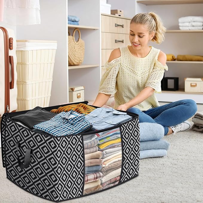 Direct 100L, 6 Pack, Storage Containers, Large Clothes Storage Bins Foldable Organization and Storage Bags with Reinforced Handle, Clear Window for Bedding, Blankets, Clothing, Black-NeatNest