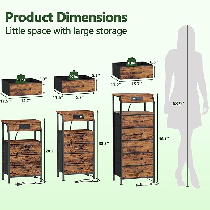 Furnulem 5 Drawers Dresser with Charging Station, Tall Night Stand with Storage Shelf, Fabric Chest of Drawers, Bedside Table for Closet, Entryway, Bedroom Furniture, 3 Ways to Use, Rustic Brown