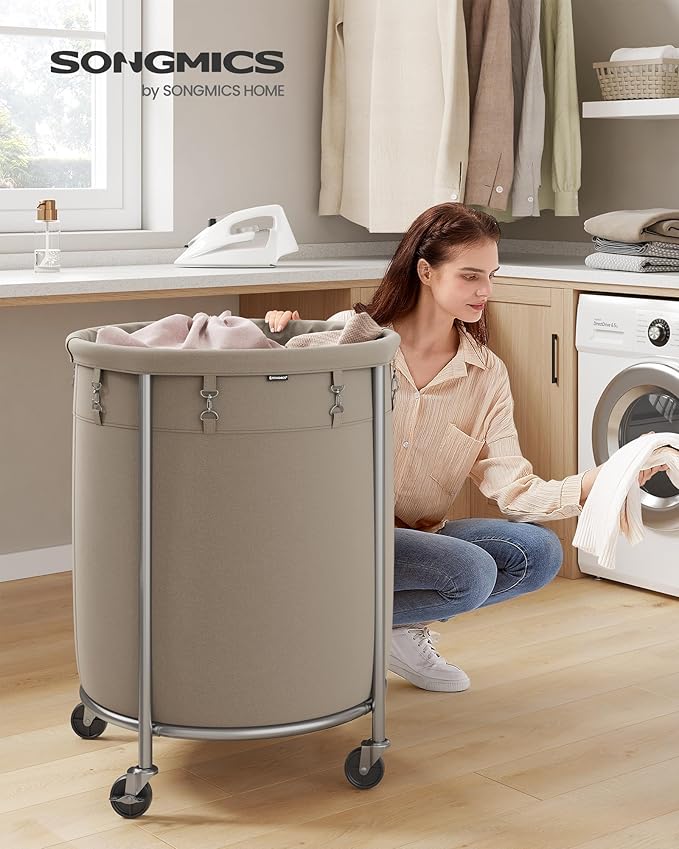 SONGMICS Laundry Basket with Wheels, Rolling Laundry Hamper, 45 Gal., Round Laundry Cart with Steel Frame and Removable Bag, 4 Casters and 2 Brakes, Camel Brown and Metallic Silver URLS001N01