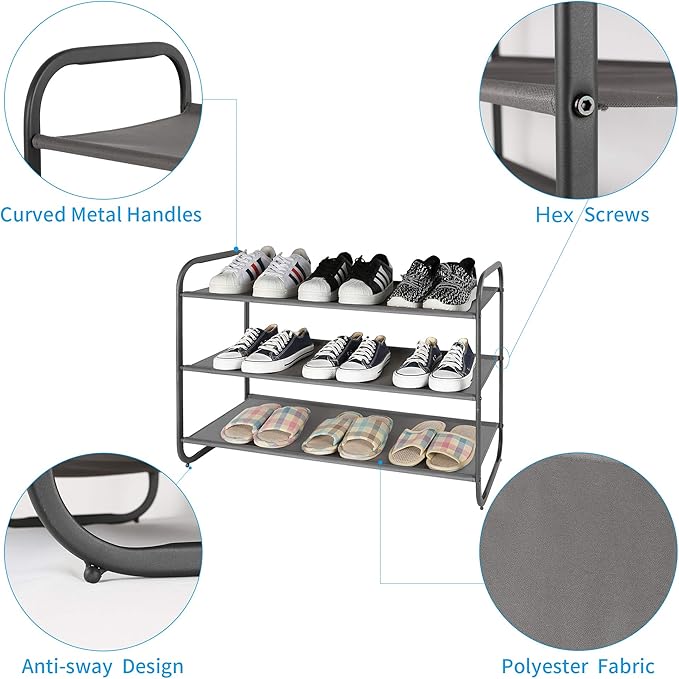 MAX Houser 3-Tier Shoe Rack, Fabric Shoe Shelf for Closet Bedroom Entryway (Dark Grey)-NeatNest