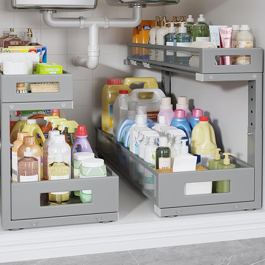 2 Pack 20.47IN Depth Under Sink Storage Organizer, Large 2-Tier Elegant Mesh Pull Out Shelf for Kitchen and Bathroom Cabinet Organization, L-Shaped and Adjustable Height Design-Gun Gray-NeatNest