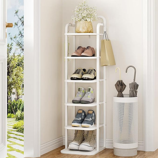 6 Tiers Vertical Shoe Rack, Narrow Shoe Tower, Tall Shoes Shelf with 2 Hooks, Adjustable Shelves, Corner Shoes Shelves for Small Spaces, Entryway, Living Room, White SR04213W-NeatNest