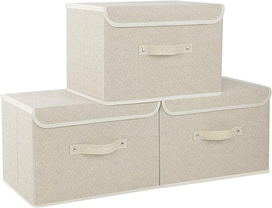 Fabric Storage Bins Cube Organizers with Flip-Top Lid and Handles,Storage Boxes for Organizing Home,Office,and Closet,Grey and Beige,3 Pack 15 x 9.8 x 9.8 in-NeatNest