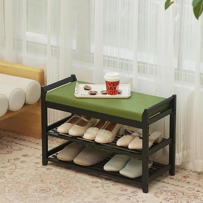 Shoe Rack Bench with Storage 27.6 in, Black Shoe Storage Bench with Cushion for Entryway, Hallway, Bedroom, Living Room-NeatNest