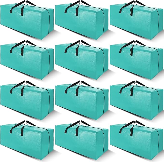 Cosy Family 12 Pack Heavy Duty Extra Large Moving Bags with Backpack Straps - Strong Handles & Zippers, Storage Totes For Space Saving, Fold Flat, Alternative to Moving Box, Aquamarine-NeatNest