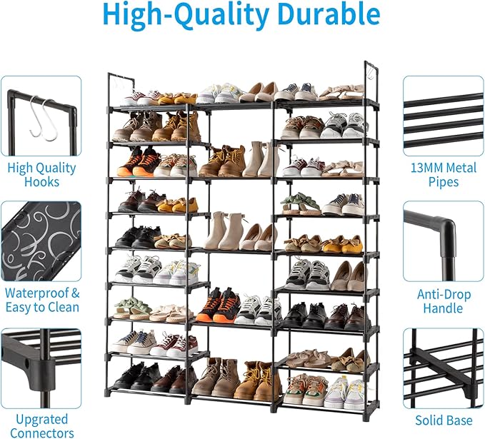 9-Tier Tall Shoe Rack - Free Standing Shoe Shelf Organizer - Large Metal Closet Organizer with Hooks - Stackable Stand for Bedroom Entryway - Holds Up to 55 Pairs of Shoes-Black-NeatNest