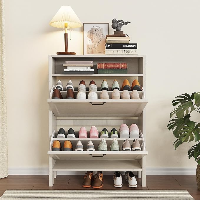 Shoe Storage Cabinet with 2 Flip Drawers, Wooden Shoe Rack with Metal Handle, Freestanding Hidden Shoe Storage Organizer with Open Shelf, Narrow Shoe Rack for Entryway, Hallway (White)