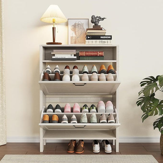 Shoe Storage Cabinet with 2 Flip Drawers, Wooden Shoe Rack with Metal Handle, Freestanding Hidden Shoe Storage Organizer with Open Shelf, Narrow Shoe Rack for Entryway, Hallway (White)
