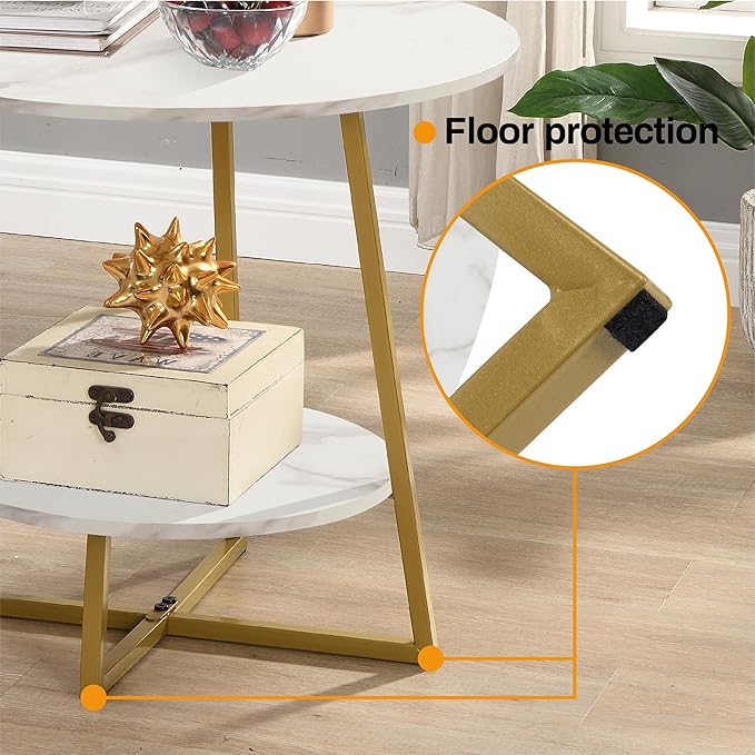 D&H FURNIMMT 20" Living Room Side Table Set of 2 for Small Spaces, 2 Tier Wood Top Round End Tables with Storage Shelf, Accent Sofa Table for Bedroom, Office, Sunroom, Balcony, White Faux Marble/Gold-NeatNest