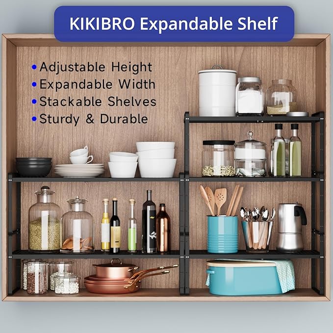 Expandable Cabinet Shelf Organizers, Kitchen Small Stand Rack Organization for Countertop Cupborad Pantry, Black 1 Pack-NeatNest