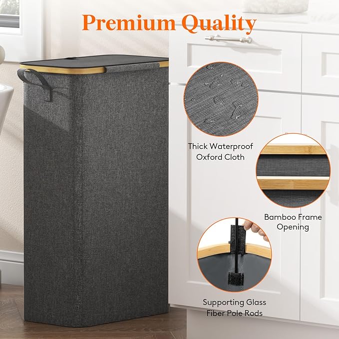 Lifewit 75L Slim Laundry Hamper with Lid, Narrow Laundry Basket with Removable Bag & Bamboo Handles, Fodable Thin Dirty Clothes Hamper for Laundry Collapsible Bin for Bathroom Bedroom Dorm, Dark Gray-NeatNest