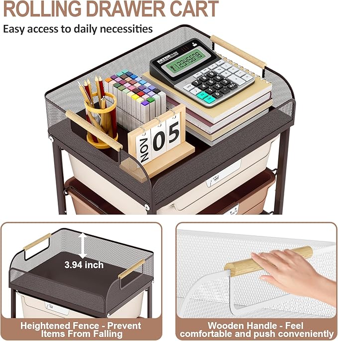 Rolling Cart with 4 Drawers,4 Tiers Rolling Utility Cart Craft Cart,Rolling Storage Drawer Cart with Mesh Top,Storage Cart with Drawers & 4 PCS DIY Lable, Brown