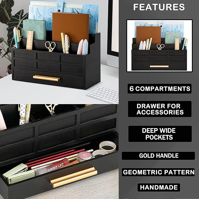 Black Wood Desk Organizer and Accessories with Drawer, Bill Mail Organizer and File Mail Holder for Office Supplies, Rustic Desk Accessories & Workspace Organizers for Desk Organization-NeatNest