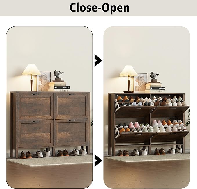 Shoe Storage Cabinet with 4 Flip Drawers, Wooden Shoe Rack with Metal Handle, Freestanding Hidden Shoe Storage Organizer with Open Shelf, Narrow Shoe Rack for Entryway, Hallway (Brown)