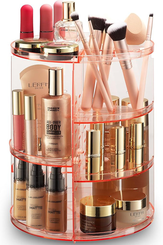 360 Rotating Makeup Organizer - Adjustable Shelf Height and Fully Rotatable - The Perfect Round Spinning Cosmetic Organizer for Bedroom Dresser or Vanity Countertop Storage (Pink)-NeatNest