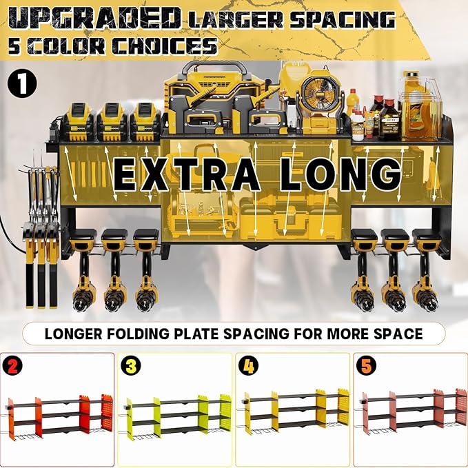 45" Large Power Tool Organizer Wall Mount with Charging Station - 3 Layer Storage Racks with 8 Cordless Drill Holder, 4 Hooks, Heavy Duty Garage Tool Organizer Storage for Workshop Pegboard Basement