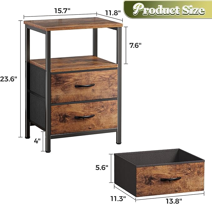 Huuger Night Stand with 2 Drawers, Bed Side Table with Open Shelf, Wooden Top, Nightstand for Bedroom, End Table for Small Space, Fabric Drawer, Rustic Brown