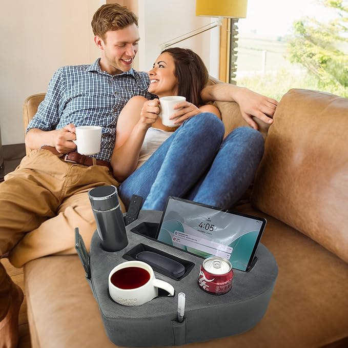 Heart-Shaped 8-in-1 Bed & Couch Cup Holder, Sofa Organizer Caddy Holds Phone, Tablet/iPad, TV Remote, Gaming Console, Mug - Drinks Cupholder Tray - Buddy Pillow Gift for Women & Couples, Gray-NeatNest