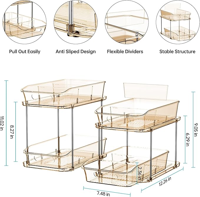 Delamu 2 Sets of 2-Tier Clear Under Sink Organizers and Storage, Multi-Purpose Stackable Bathroom Cabinet Organizers, Amber-NeatNest