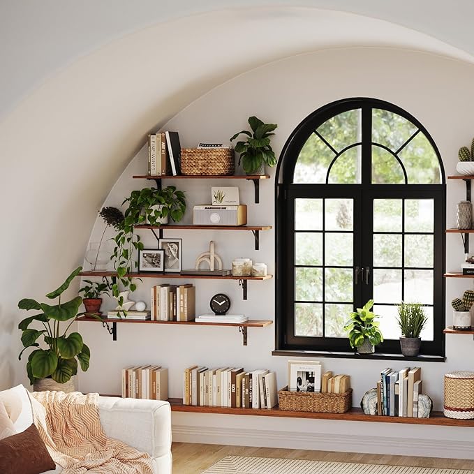 DINZI LVJ Long Wall Shelves, 47.3 Inch Large Floating Shelves Set of 4, Wide Display Shelf Wall Mounted with Brackets, Easy Hanging for Living Room, Toilet, Office, Bedroom, Rustic Brown-NeatNest