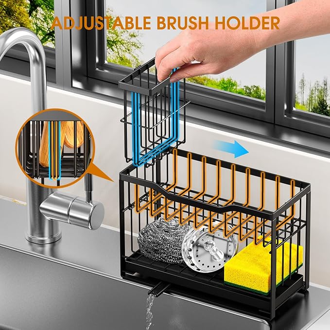 2-Tier Kitchen Sink Caddy with High Brush Holder&Self-Draining Tray,Rustproof&Non-Slip Sink Sponge Holder,Kitchen Countertop Storage Organizer,Soap Dispenser Storage - Black-NeatNest