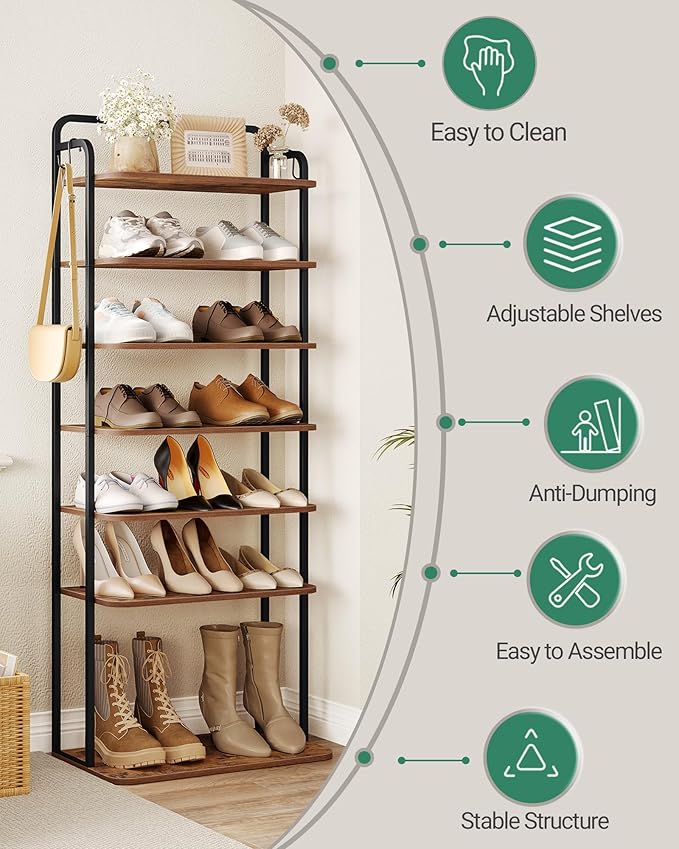 8 Tiers Widened Vertical Shoe Rack, Narrow Shoe Tower, Tall Shoes Shelf with 2 Hooks, Adjustable Shelves, Corner Shoes Shelves for Small Spaces, Entryway, Living Room, Rustic Brown SR12501B-NeatNest