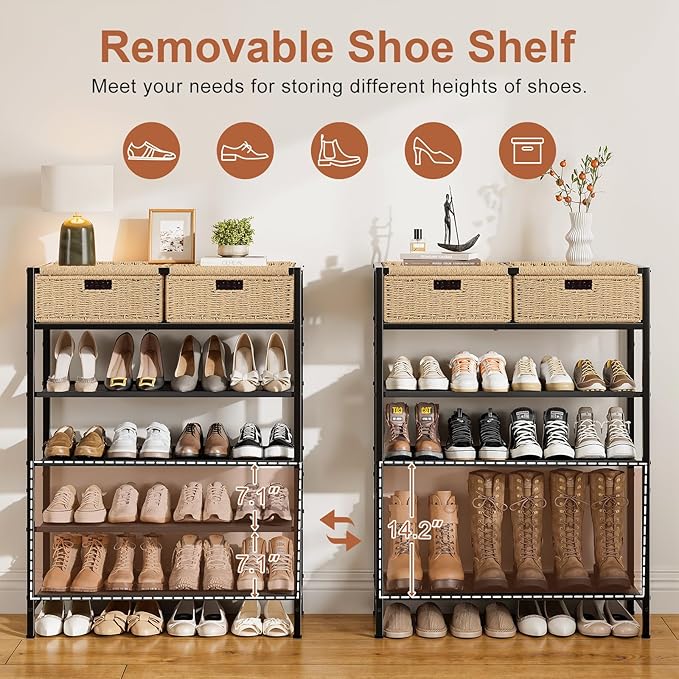 Shoe Rack, 5 Tier Shoe Storage Organizer with 2 Hand Woven Drawers, Metal Shoe Shelf for 16-20 Pairs of Shoes, with 4 Fabric Shelves and Woven Top, Shoe Stand for Closet Entryway, Rustic Oak-NeatNest