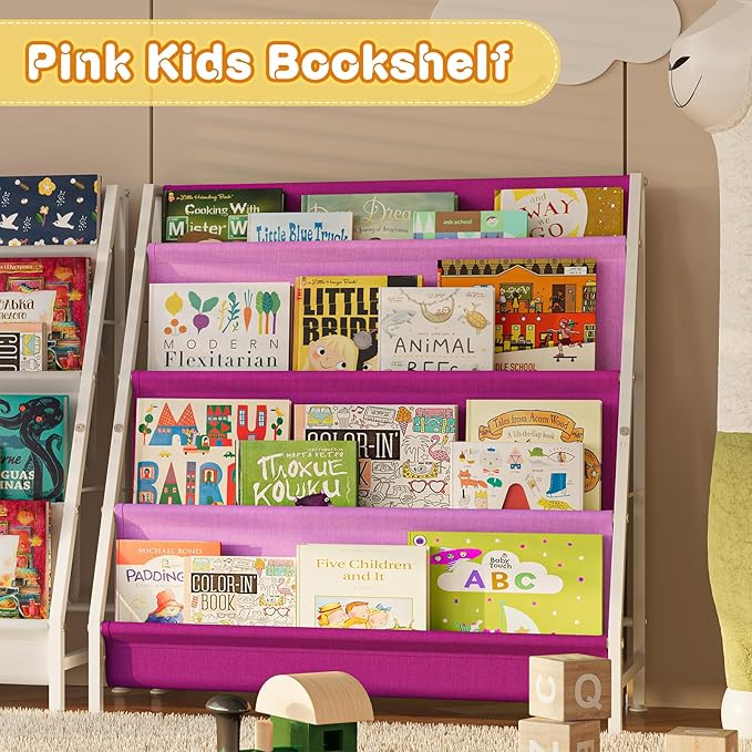 Book Shelf for Kids Rooms, Pink Montessori Bookshelf Nursery Book Shelves Toddler Children Bookshelf Metal Kid's Book Storage Organizer for Girls Room Furniture Playroom Kindergarten-NeatNest
