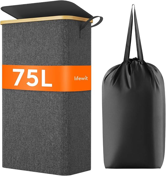 Lifewit 75L Slim Laundry Hamper with Lid, Narrow Laundry Basket with Removable Bag & Bamboo Handles, Fodable Thin Dirty Clothes Hamper for Laundry Collapsible Bin for Bathroom Bedroom Dorm, Dark Gray-NeatNest