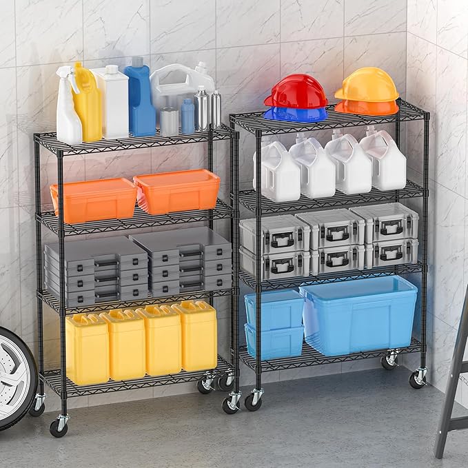 4-Tier Storage Shelving Unit with Wheels, Metal Rolling Storage Shelves Adjustable Layer Steel Rack Shelf, Wire Shelving Storage for Kitchen Garage Pantry Office, Black (14D x 36W x 57H)