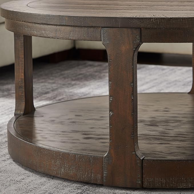 Coffee Table Round Wood Brown 40" Coffee Tables for Living Room Modern Circle Center 2-Tier Solid Desktop Minimalistic Design Accent with Shelf Storage Home Furniture Apartment Office Easy to Assemble-NeatNest