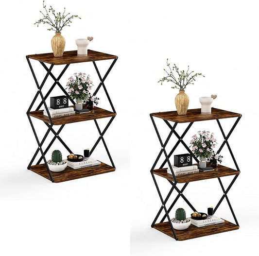 3-Tier End Table Set of 2 Small Side Table Tall Bedside Night Stand with Storage Sofa Side desks for Living Room Bedroom Office Bathroom Small Space Rustic Brown ET-03RB-2