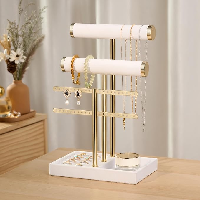 3 Tier Bracelet Holder Display - Detachable T Bar White Velvet Bracelet Holder, Jewelry Holder Organizer for Bracelet, Necklace, Earrings, Rings
