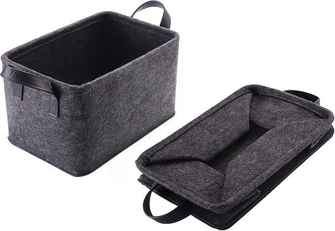 Collapsible Storage Bins Foldable Felt Fabric Storage Basket Organizer Boxes Containers with Handles PU Handles for Nursery Toys,Kids Room,Clothes,Towels,Magazine (PU-Dark grey, 15.9L×11W×9.8H)-NeatNest