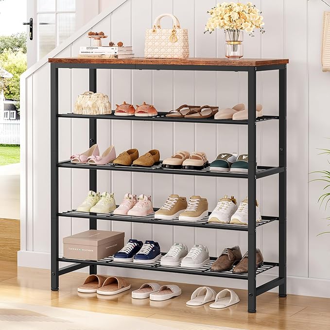 usikey 5-Tier Shoe Rack, Industrial Shoe Storage Organizer for 12-16 Pairs of Shoes, Metal Shoe Shelf with Wooden Top, Shoe Stand with 3 Metal Shelves for Entryway, Hallway, Closet, Rustic Brown-NeatNest