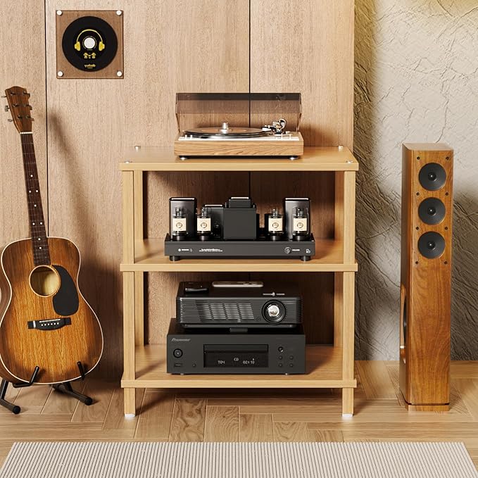 3-Tier AV Media Player Stand, Natural Stereo Cabinet, Modern Audio Shelf, Wooden TV Stand,Game Console Shelf, Multifunctional Entertainment Center, Suitable for Home, Conference Room, Game Studio-NeatNest