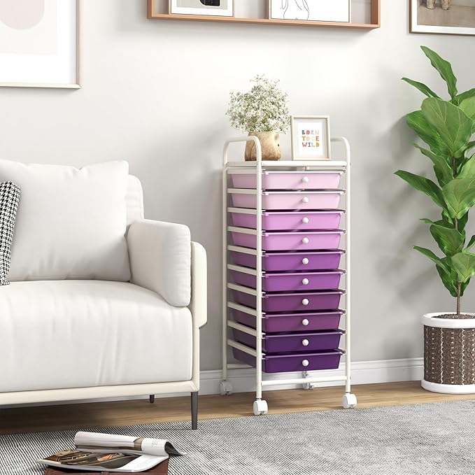 Giantex 10-Drawer Storage Cart w/Universal Wheel, Rolling Cart w/Handle, Home Organizer Storage Unit w/Removable Drawers, Trolley Utility Cart for Kitchen Makeup Living Room Office Play Room