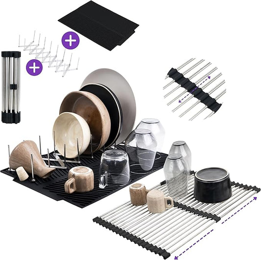3-in-1 Over Sink Dish Drying Rack – Roll-Up Sink Rack, Silicone Mat & Folding Dish Rack – Multi-Functional, Space-Saving Kitchen Organizer (Black)