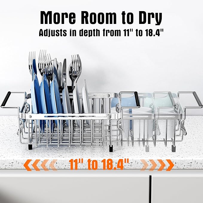 Expandable Dish Drying Rack in Sink,Stainless Steel Over The Sink Dish Drainer Drying Rack for Kitchen Counter,with Utensil Holder,Silver