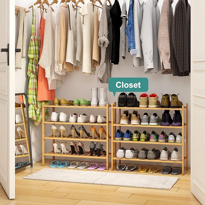 4-Tier Bamboo Shoe Rack for Entryway, Stackable | Foldable | Natural, Shoe Organizer for Hallway Closet, Free Standing Shoe Racks for Indoor Outdoor-NeatNest