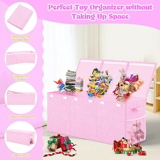 Extra Large Toy Box Toddlers Chest with Lids, Collapsible Sturdy Toy Storage Organizer, Kids Bin Boxes Storage Basket for Boys, Girls, Nursery, Living Room, Playroom, 40"x14"x16" (Pink)