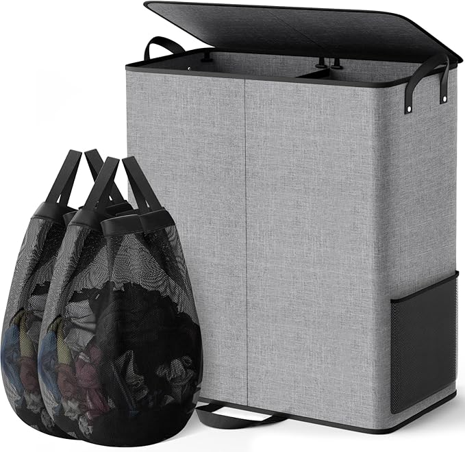 Large Double Laundry Hamper with Lid, Removable Bags & Reinforced Handles, 2 Section Tall Laundry Basket, Dirty Clothes Hampers for Laundry Room, Bedroom, Bathroom, Dorm, 155L, Gray-NeatNest