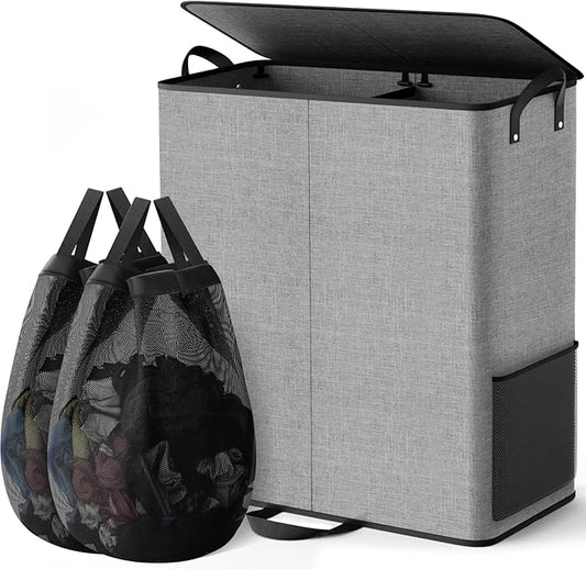 Large Double Laundry Hamper with Lid, Removable Bags & Reinforced Handles, 2 Section Tall Laundry Basket, Dirty Clothes Hampers for Laundry Room, Bedroom, Bathroom, Dorm, 155L, Gray-NeatNest