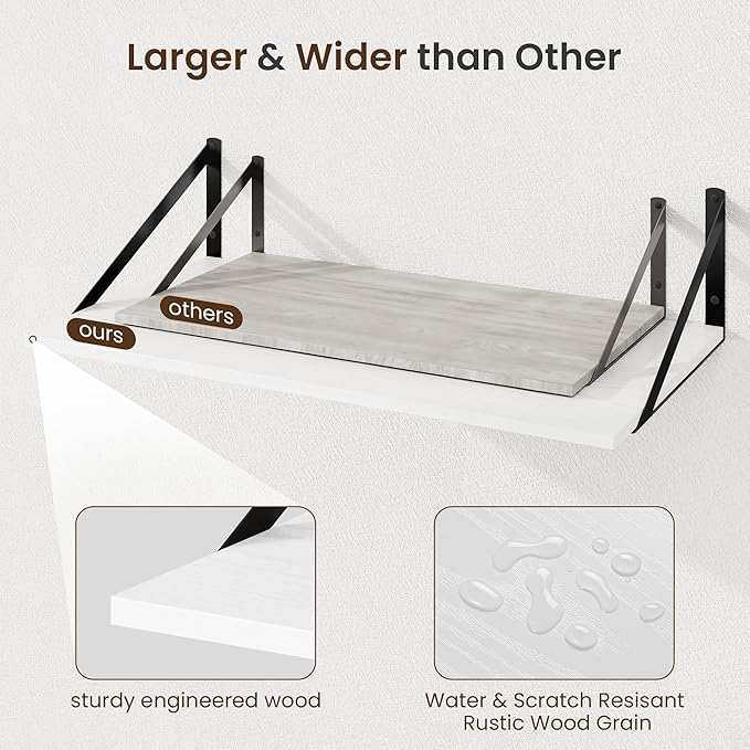 Fun Memories Floating Shelves for Wall, 12 Inch Deep Floating Shelves Set of 2, 24W x 12D Large Wall Shelf with Sturdy Metal Brackets for Living Room, Bathroom, Bedroom and Kitchen, White-NeatNest