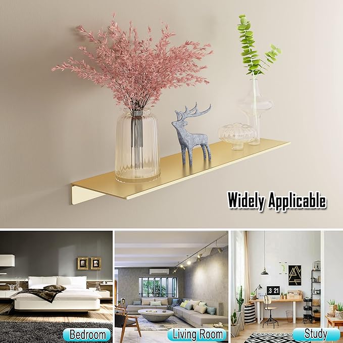 Metal Floating Shelves, Set of 2, Brushed Gold Wall Shelves Picture Ledge, Shower Caddy Wall Mounted, Decorative Display Shelf for Bedroom, Living Room, Bathroom, Office-NeatNest
