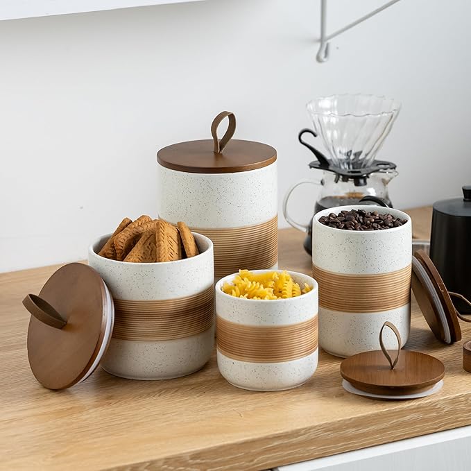 Coffee Container Jar with Lid, Ceramic Kitchen Food Storage Jars for Spice Sugar Cookie, Stackable Decorative Jars for Coffee Bar, White & 28oz-NeatNest