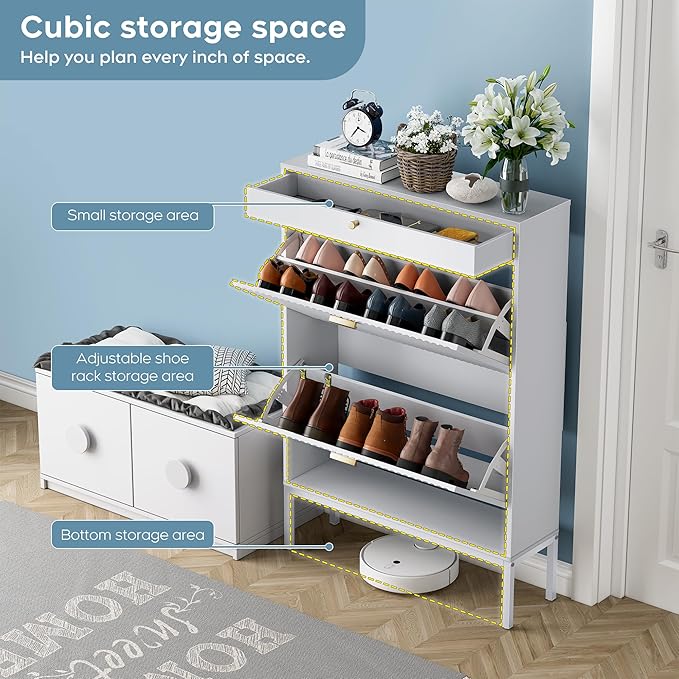 Brafab Shoe Storage Cabinet with 2 Flip Drawers&1 Small Drawer, Slim Entryway Shoe Organizer with Fluted Panel Doors for Sneakers,Pure White-NeatNest