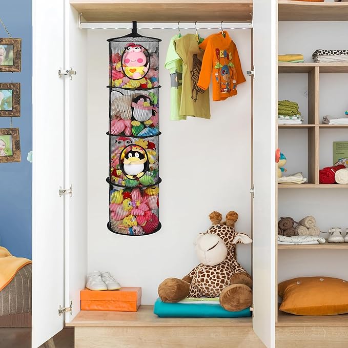 Hanging Stuffed Animal Storage, Foldable Corner Stuffed Animal Storage Organizer 4 Compartments Toy Storage Organizer for Kid Room Toys, Gloves,Hats,Socks Storage（Black）-NeatNest