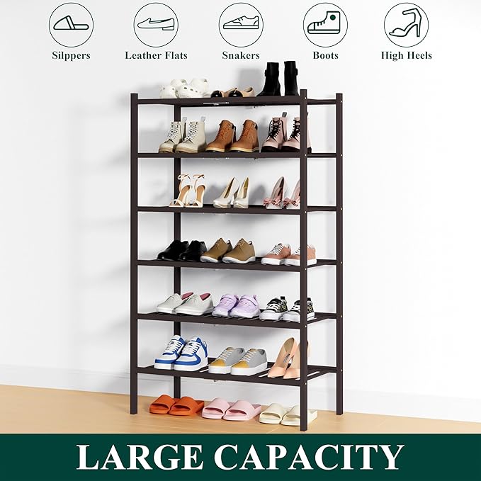 Smiry Shoe Rack, 6 Tier Thick Bamboo Shoe Organizer, Stackable Free Standing Wooden Shoe Storage Shelf for Closet, Entryway, Front Door Entrance, Brown-NeatNest