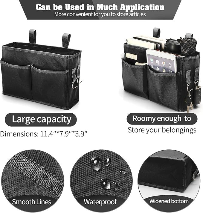 Bunk Bed Organizer, Bedside Caddy Hanging Bed Organizer Storage Bag with 4 Pockets and 2 Hooks, for College Dorm Rooms Bed, Hospital Bed, Baby Bed Rails, 600D Oxford Cloth (Black)-NeatNest